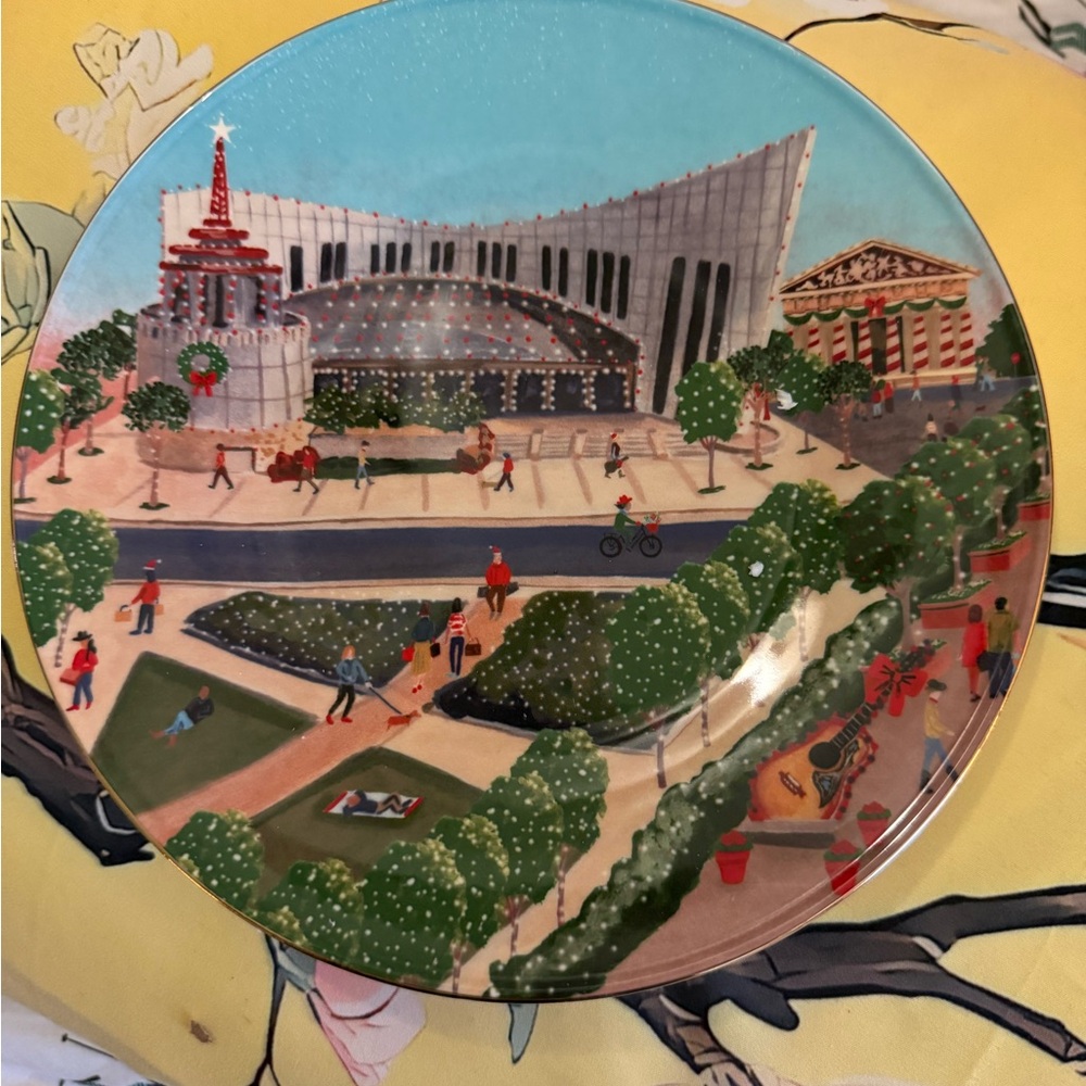 Anthropologie Festive Cityscape Ceramic Plate - Blue, Green, Red, Cream
